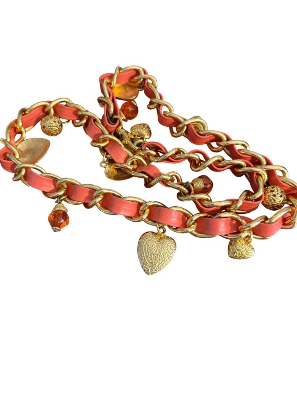 Vintage The Limited Gold Chain Link Belt Coral Leather Charms Hearts 37" Italy